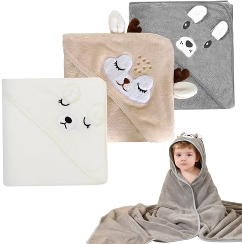Feegela Asciugamano con cappuccio per bambini, confezione da 3 asciugamani per bambini con cappuccio, 80 x 80 cm, con cappuccio, morbido motivo animale, asciugamani in peluche corallo, (bianco, grigio