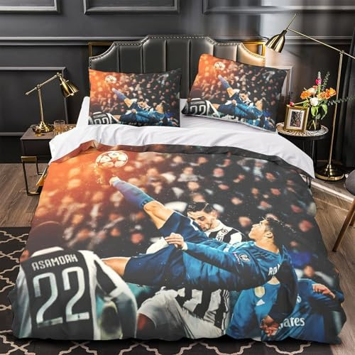 ZIMONJO Ronaldo Set Copripiumino Copripiumino 3D Stampa Digitale Calcio 3 Pezzi E Federe Set Di Biancheria Da Letto Microfibra Morbido Con Cerniera Per Bambini Double（200x200cm）
