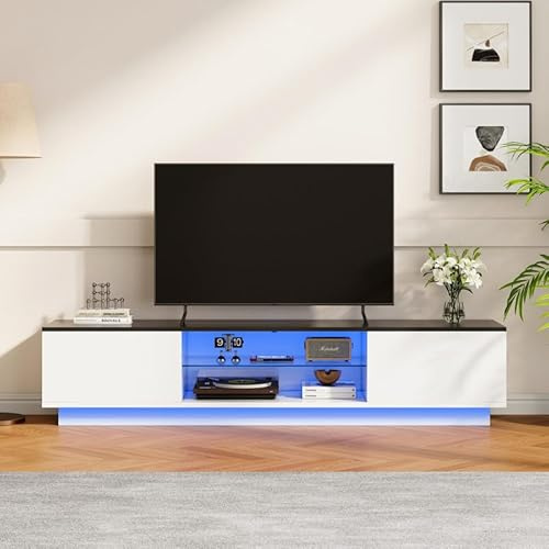 QMTXBYJ Meuble TV avec Eclairage LED, Table de Télévision Bois avec 2 Portes et étagères Verre de Rangement, Banc TV 160cm, Console TV, Armoire de Télévision, Meuble Télé pour téléviseur 55-65 Pouces
