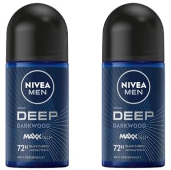 NIVEA Men Deep Darkwood MaxxTech 72H Deo Roll-On, 25ml | Long-Lasting Odor Protection with Charcoal & Masculine Woody Scent | Anti-Bacterial Formula for Deep Fresh Confidence | 2-Pack