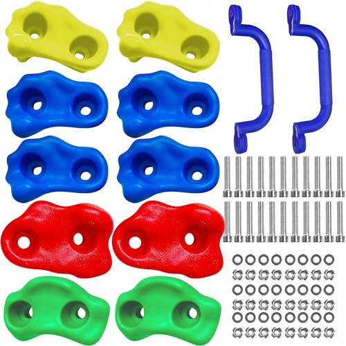 Retoo Klettergriffe Set 12-teilig, 10 Steine, 2 Haltegriffe, bis 100 kg | Für Indoor und Outdoor, robuster Kunststoff, wetterfest, Befestigungsmaterial und Inbusschlüssel inklusive, mehrfarbig