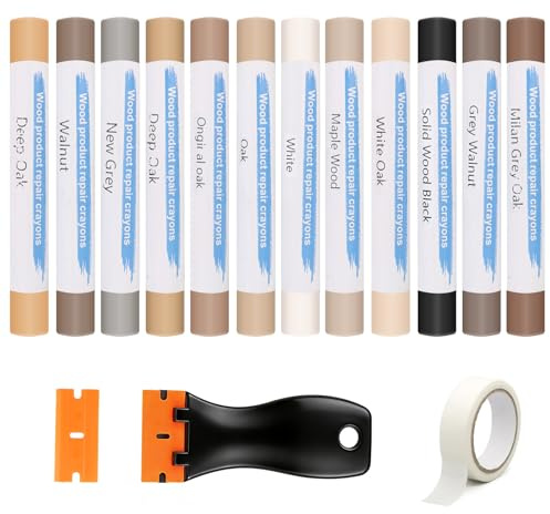 Set de 12 Barras de Cera para Reparación de Muebles de Madera, Kit Completo con Espátula y Cinta, Rellenador para Arañazos, Agujeros y Grietas en Suelo Laminado, Parquet, PVC y Azulejos
