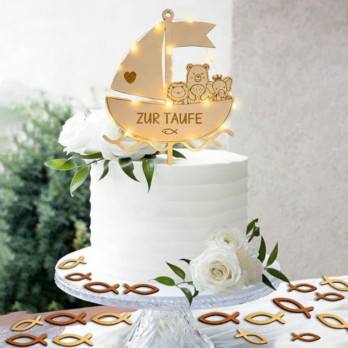 Cake Topper zur Taufe Holz Tortendeko mit 36 Pcs Holz Fische Streudeko und LED-Lichterketten 50CM, Taufe Deko für Mädchen Junge