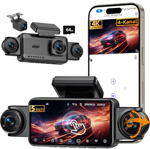 360° View 4 Kanal Dashcam Auto,5 Zoll Großes IPS Touch Display Dash Cam,4K+1080P für Vorne/Hinten/Innen/Links/Rechts,WDR-Nachtsicht (8 IR-LEDs) G-Sensor,24/7 Parkmodus,Loop-Aufnahme,case 64GB inkl