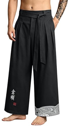 Pantalon de Kimono Japonais Homme Traditionnel Pantalon Taro pour Hommes en Lin Vêtements Traditionnels Japonais avec Cordon de Serrage