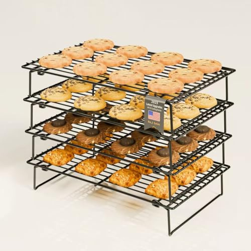 4PCS Cooling Racks for Cooking and Baking, Collapsible 4 Tiers 25X40cm Cool Batches of Cookies, Non-Stick & BPA-Free, Oven and Dishwasher Safe (Black-150)