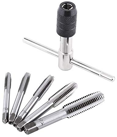 Walfront Jeu de 5pcs Tarauds à Goujure Droite à Main Assortiment M6, M7, M8, M10, M12 en Acier avec 1pc Clé à tarauder pour Filet Rapporté