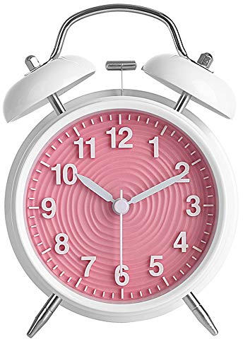 Topkey 4” Twin Bell Alarm Clock Non-ticking Bedside Table Travel Clock Vintage Alarm Clock With Nightlight and Loud Alarm, Battery Operated (Not Included) - Pink