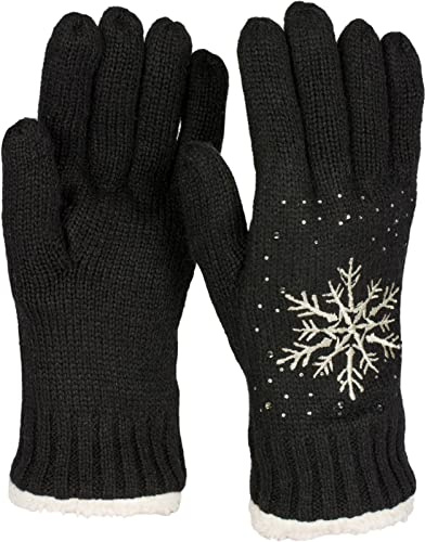 styleBREAKER Damen Strickhandschuhe Schneeflocke | Wärmendes Fleece-Innenfutter gegen Kälte, glitzernde Strasssteine, weiches Bündchen, sehr elastisch für 16-21 cm Handumfang.