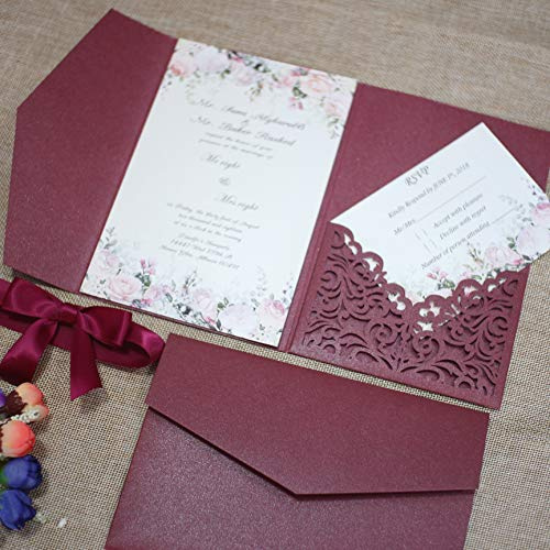 25pcs 5x7.28 Burgundy Pearl Paper Vine Tri Fold Wedding Invitations Cards pocket Laser Cut Hollow Carving Greeting invites Covers only no envelope no insert