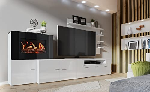 Skraut Home – Wohnzimmermöbel mit elektrischem Kamin – 170 x 290 x 45 cm – LED-Beleuchtungssystem mit Flammeneffekt – neues Olympo-Modell – moderner Stil – weißes Finish