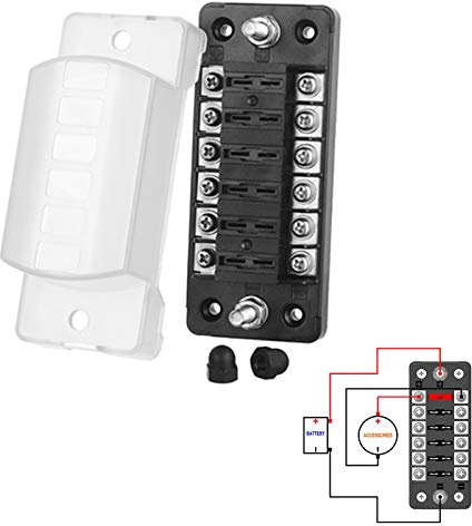 Jtron 6 weg Kfz-Sicherungskasten für ATO/ATC 1-20A-Sicherung DC 32V M5-Schraubsteckverbinder-Sicherungshalter mit Sicherung (6 Way-with negativ)