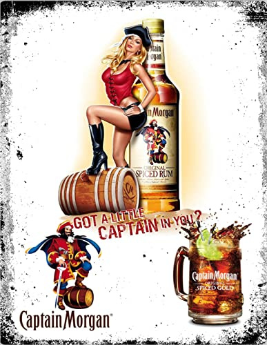 Vintage Retro Man Cave Bar Pub Shed Novelty Gift Aluminium Metal Tin Wall Décor Sign - Captain Morgan Spiced Rum Alcohol inspired Drink Pin Up Sexy