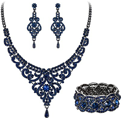 EVER FAITH Statment Schmuck-Set Kristall Retro 1920er Vase Art Deco Braut Prom Halskette, Ohrringe und Stretch Armband Set für Damen Hochzeit Party Klar Silber-Ton