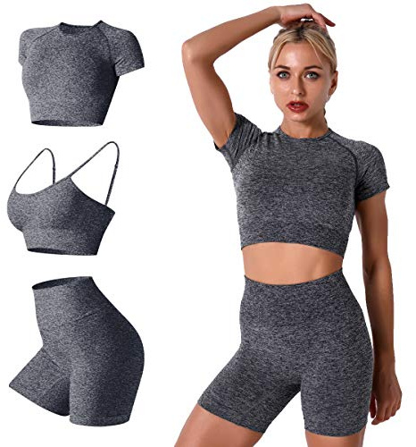 Odizli Workout Set Damen Sport BH + Kurzarm Crop Tops + High Waist Shorts Gym Yoga Outfit