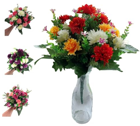 Bouquet di crisantemi da 41 cm, fiori artificiali per tombe, espositori floreali, casa e giardino, adatto per uso interno ed esterno, design migliorato (giallo, arancione e rosso)