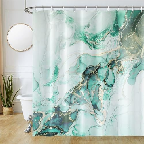 Uiiooazy Duschvorhang Grün, Duschvorhang 180x200cm Anti Schimmel Marmor Optik Türkis Marmoriert Modern Duschvorhänge Stoff Waschbar Wasserdicht Polyester Bad Vorhang mit 12 Haken für Badezimmer