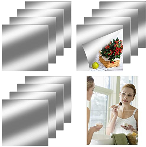 12 Pezzi 20x20cm Specchi per Piastrelle Autoadesivi, Specchio Flessibile, Specchio Decorativo per Decorazione da Parete in Acrilico Fai-da-Te Senza Vetro, Specchio da Parete Senza Cornice