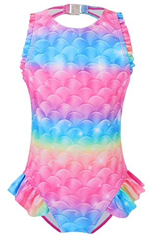 TiaoBug Mädchen Meerjungfrau Badeanzug Schwimmanzug mit Rüschen Kinder Bademode Beachwear 98 104 110 116 122 128 134 140 146 152 Rosa R 110-116/5-6 Jahre