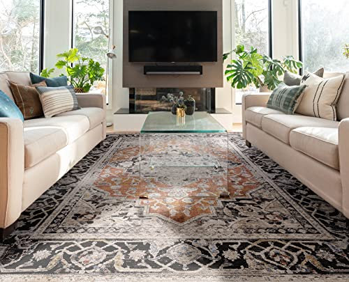 Lord of Rugs Traditional Classic Rug Modern Distressed Antique Medallion Floral Oriental Carpet for Living Room Bedroom Quality Rug Orange Terracottta Medium 120x166 cm (4'x5'5)