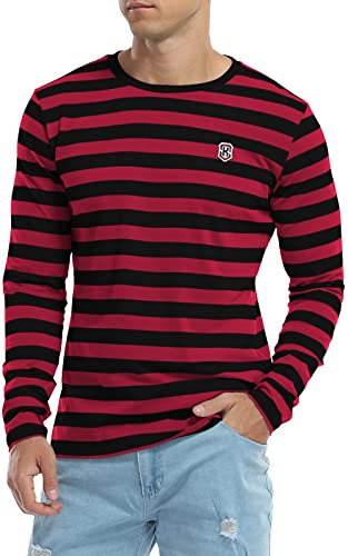 KUYIGO Camiseta de Manga Larga a Rayas de algodón clásico Cuello Redondo para Hombre, Negro y Rojo., 54
