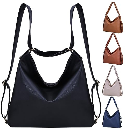 Bestash Damen Rucksack Leder,Handtasche Rucksack Tasche 2 In 1,Einfarbig Elegant Schultertasche für Alltag Arbeit Ausflug Schule Einkaufen Geeignet （Schwarz）
