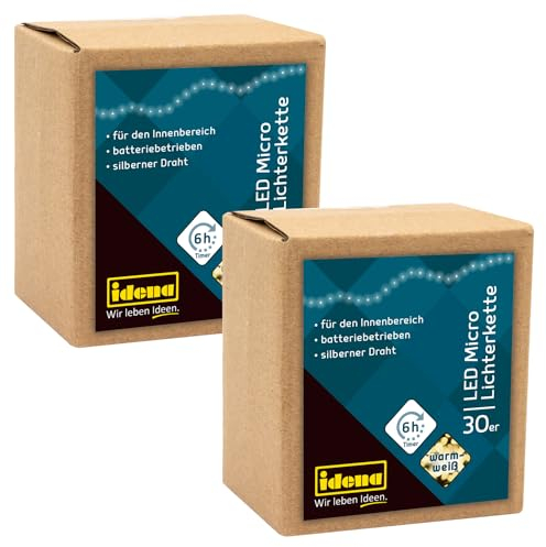 Idena 31824-2 - Microcatena luminosa a LED con 30 LED in bianco caldo, 2 pezzi, funzione timer di 6 ore, a batteria, ciascuno lungo 3,2 m, decorazione per feste, decorazione natalizia