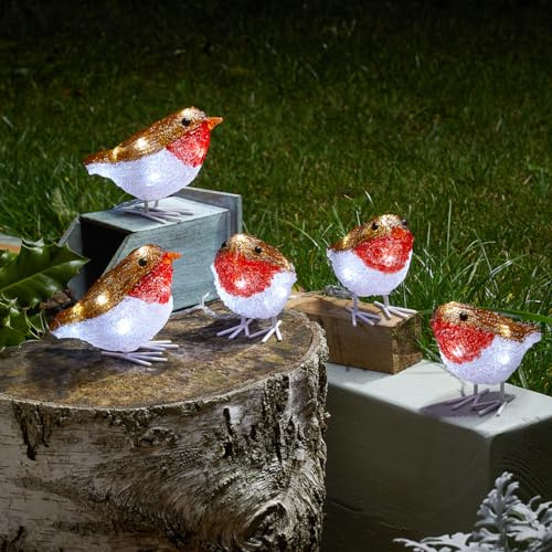 5 x InLit Mini Ice Robin Ornaments - Freestanding Battery Powered Light Up Illuminated Indoor Outdoor Home Garden Festive Christmas Xmas Bird Decorations with 40 White LED’s – Each H10 x W6 x D12cm