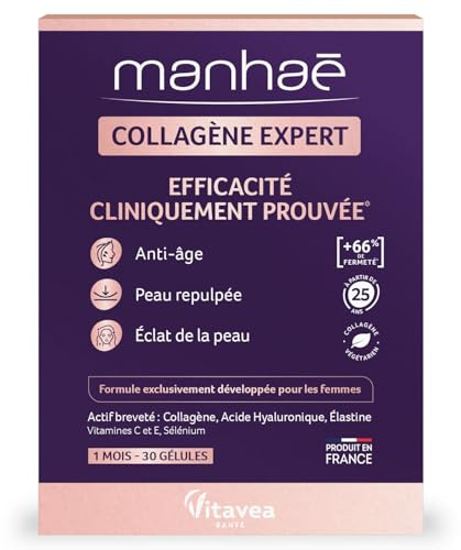 Vitavea Santé - Manhaé Collagène Expert - Acide Hyaluronique - Cure 1 mois | Anti-âge & Eclat de la Peau - Collagène Acide Hyaluronique Elastine - Vitamine C & E - Actif Breveté - Fabriqué en France
