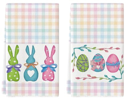 Artoid Mode Colorful Stripe Rabbit Bunny Eggs Easter Kitchen Towels Dish Towels, 18x26 Inch Spring Decoration Hand Towels Set of 2