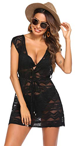AI'MAGE Damen Strandkleid Bikini Cover Up Strandponcho Sommer Bademode Strand Vertuschen Shirt Schwarz Welle M