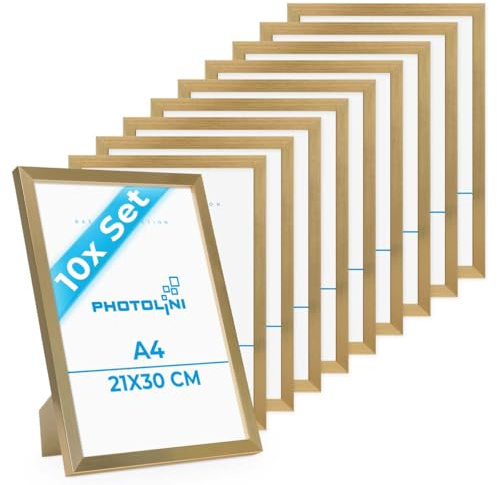 PHOTOLINI Bilderrahmen A4 Holz MDF Gold, 10er Set DIN A4 Bilderrahmen 21x30 gold, Rahmen 21x30 mit Acrylglas, picture frame zum Aufhängen & Aufstellen, Rahmen 30x21 mit Zubehör für Fotos & Poster