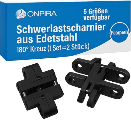 Onpira® 2er Set Kreuzscharnier 180° – Schwerlastscharnier aus Edelstahl – Schwarz – Verdeckte Montage – Robustes Türscharnier für Türen, Klappen, Möbel–5 Größen zur Auswahl, rostfrei & langlebig(60kg)