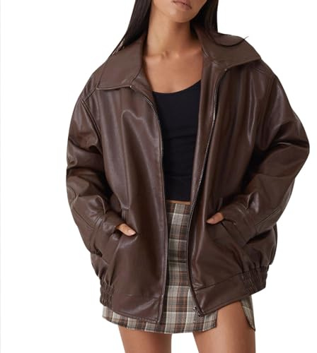Lederjacke Damen Oversize Lang Kunstleder Motorrad Bikerjacke Bomberjacke Kunstlederjacke Lederhemd Pu Leather Herbst Winter Mantel Jacke Damen Outwear Streetwear Braun L