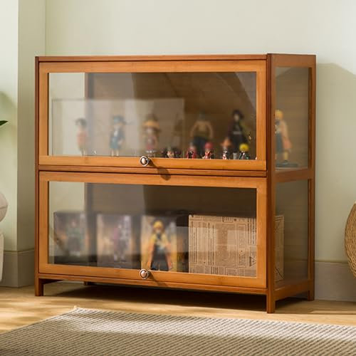 Glasvitrine Standvitrine, Curio-Vitrine mit Acryl, Sammlervitrine, natürlicher Bambus, Vitrine mit Klapptür, Vitrine für Figuren und Curio-Sammlung, starke Tragfähigkeit ( Size : 80*73*32cm/31.5*28.7*