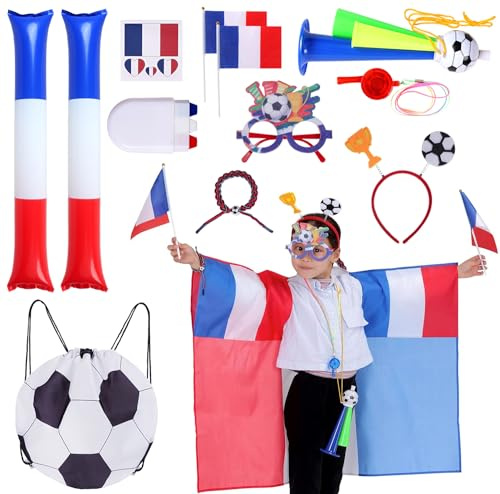 CoolChange Großes Frankreich Fan Paket zur Fußball EM 2024 | 11-teilig | Inkl. Trikolore-Umhang, Flaggen, Tröte, Fan Cheersticks u.v.m (Kinder Frankreich)