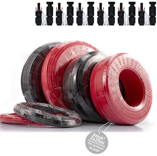 TÜV-Zertifiziert 6mm² 2x25m (Schwarz+Rot) Profi Verlängerungskabel Kupferkabel 9AWG 1800V Solar Kabel Verlängerung Solarleitung beidseitig für Photovoltaik Solaranlage Solarpanel inkl IP67 Stecker