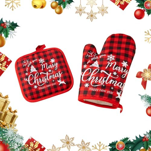 Weihnachts Ofenhandschuh und Topflappen Set Hitzebeständige, rutschfeste Kochhandschuhe zum Kochen, Backen und Grillen Küchenwerkzeug