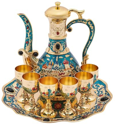 VLRBFDOI d'or,Ensemble de thé Turc, Pot de café Turc Vintage avec 6 Tasse à café et Plateau de thé, Ensemble de thé de Luxe pour Adultes Home Decor Birthday Christmas