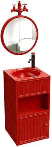 ZTGL Lavandino a Colonna in Ferro Battuto Stile Industriale Mobile da Bagno con Lavabo e Almacenamiento, Lavabo Freestanding Bagno 45x45x85cm con Rubinetto e Scarico,Rosso,with Mirror