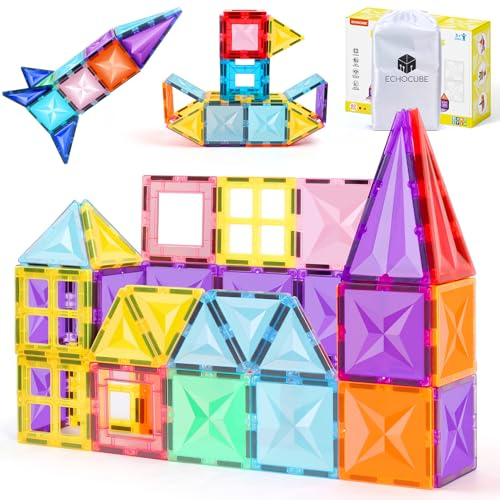 ECHOCUBE Magnetiska Byggklossar, 60 PCS Magnetiska Byggstenar Kakel för Barn, Pedagogiska Byggmagnetleksaker Magnetiska Plattor Julklapp för 3+ år Gamla Pojkar och Flickor