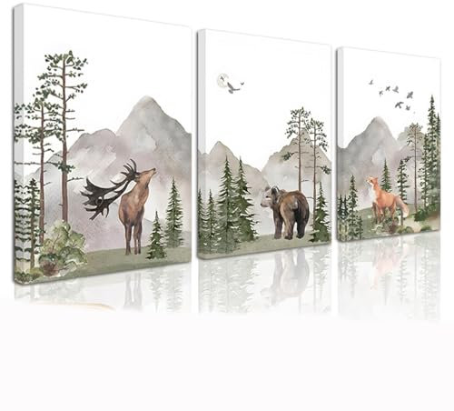 3 pezzi di arte incorniciata per asilo nido animali selvatici foresta tela poster a tema avventura cervo orso volpe acquerello dipinti per la camera dei bambini
