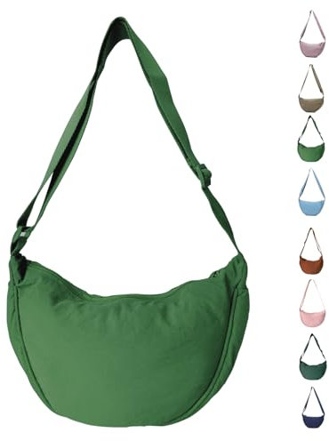 LOCCY Damen Halbmond Crossbody Schultertasche, Hobo Halfmoon Bag Einfarbige Nylon Crossbody Bag Damen Halbmond Schultertasche mit verstellbarer Schultergurt für Damen Reisen(Grün)