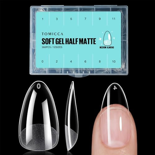 TOMICCA Capsule Americaine Ongle Amande, 360 Pièces Clair Mat Faux Ongles, Amande Moyens Couverture Complète, Pose Americaine Capsule pour Diy Nail Art Et Les Studios De Manucure, 12 Tailles
