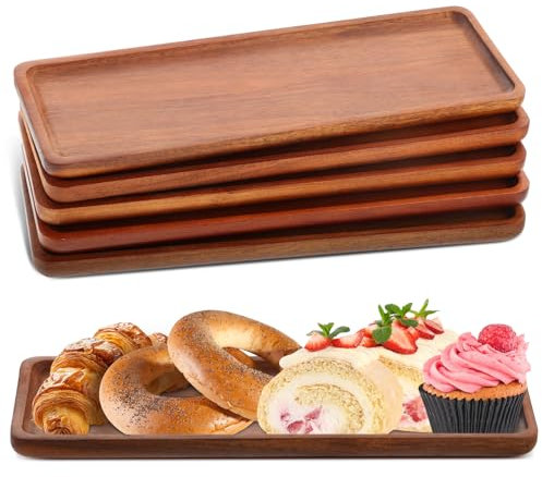 6 Pcs Wooden Serving Trays, 28x10cm Acacia Platter with Raised Edge, Rectangular Display Board for Food, Tea, Coffee