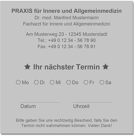 Terminzettel Terminkarten nächster Termin mit Ihrer Adresse personalisiert in praktischer Zettelbox mit Stiftehalter 10 x 10 cm (grau)