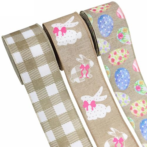 Wasise Easter Ribbon - Wired Burlap Ribbon, Easter Craft Supplies, Ribbons for Crafts, Bunny Wreath Eggs and Plaid Pattern Decorations, Wire Ribbons for Bows Making, Gift Box Packaging Supplies