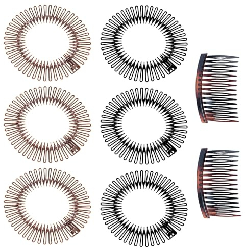 LUFFLOK 8 Stücke Haarkamm Zum Stecken, Voll Kreisförmig Stretch, Kamm Flexibler Kunststoff, 2 Größe Spaltzahn Steckkamm, Stretchkamm, Stirnband Haarbandhalter, Schwarz+Braun (8 Pezzi)