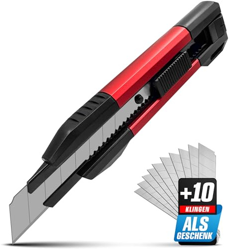 Professionell Stanleykniv 18 mm med brytknivar – universalkniv för matta och gips – 2K handtag av aluminium och plast – innehåller 10 knivar av SK5 kolstål GRAFF