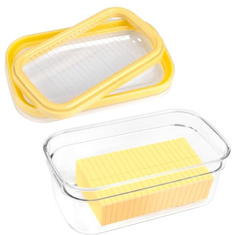 YUNAI Butter Dish with Lid, Plastic Airtight Butter Holder Dispenser Container with Cover for Counter Refrigerator, 280g Butter Slicer Cutter for West/East Coast Butter, 18.4 x 11.2 x 7.5 cm